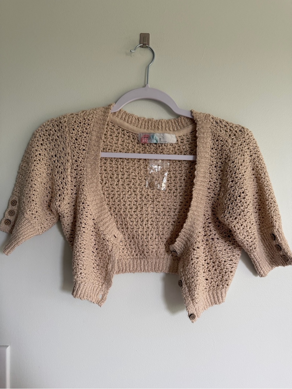 Free People Beach Beige Crochet Knit Cropped Cardigan Sweater New Boho Minimal